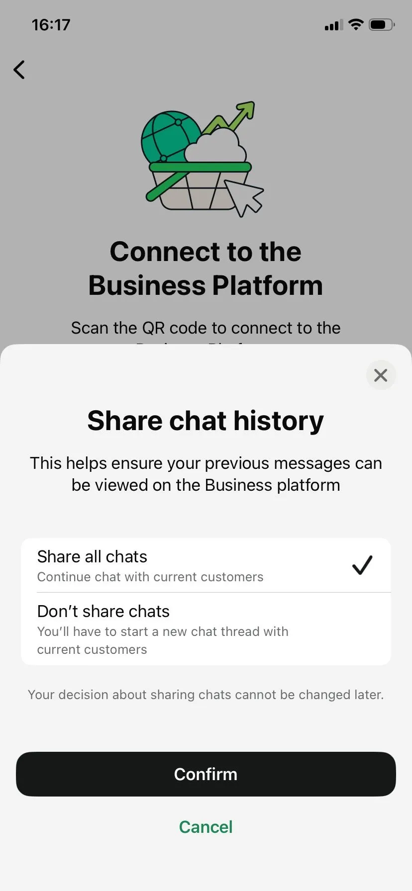 WhatsApp Business app: choice between sharing all chats or starting new threads