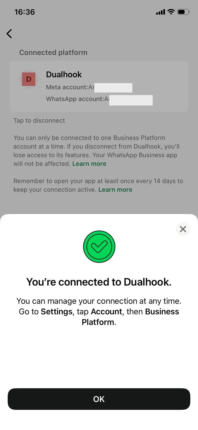 WhatsApp Business app: Dualhook shown as the connected Business Platform