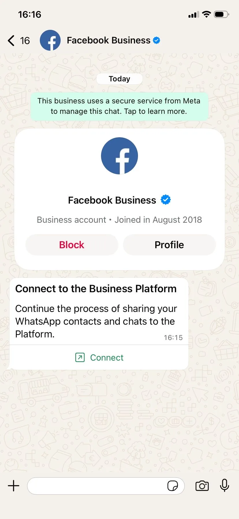 WhatsApp Business app: message from Facebook Business with a Connect to the Business Platform card