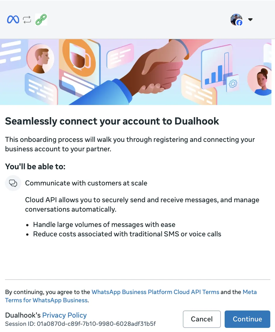 Meta popup: Seamlessly connect your account to Dualhook, with a Continue button