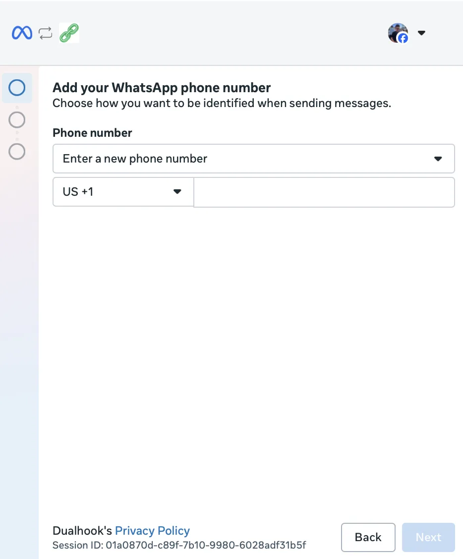 Meta popup: Add your WhatsApp phone number, with the dropdown set to Enter a new phone number