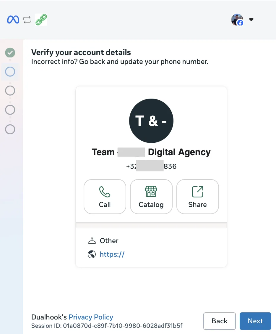 Meta popup: Verify your account details, showing the WhatsApp Business app profile card