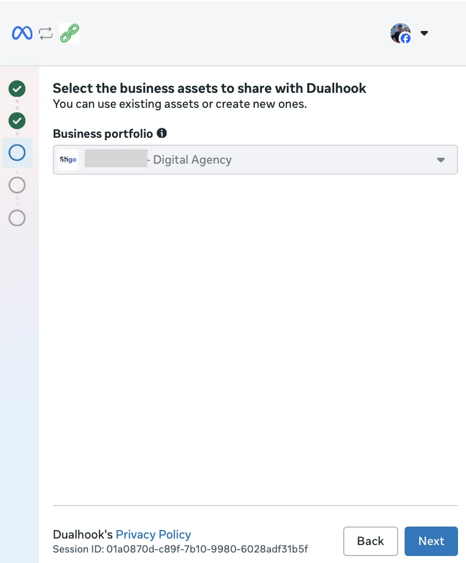 Meta popup: Select the business assets to share with Dualhook, with a Business portfolio dropdown