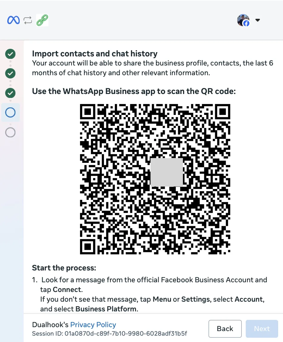 Meta popup: Import contacts and chat history, with a QR code to scan from the WhatsApp Business app