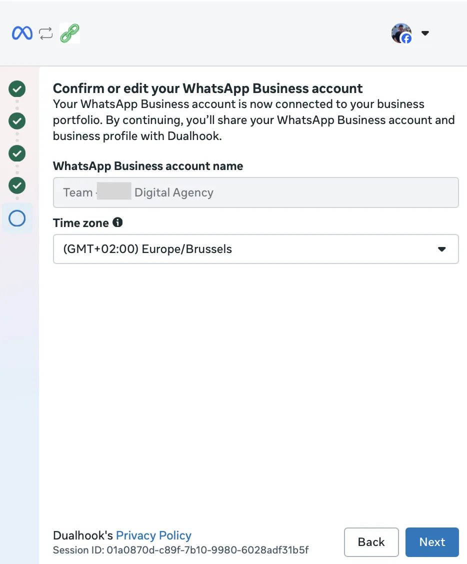 Meta popup: Confirm or edit your WhatsApp Business account, with the account name and a time zone dropdown
