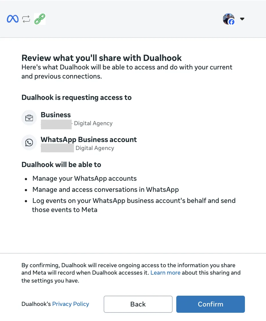 Meta popup: Review what you'll share with Dualhook, listing the business and WhatsApp Business account