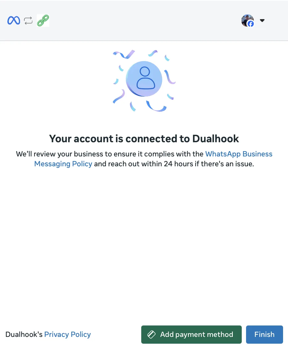 Meta popup: Your account is connected to Dualhook, with Add payment method and Finish buttons